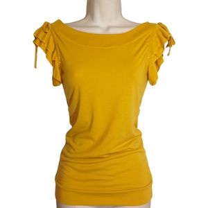 BLUE LOOP Yellow Flutter Ruffle Sleeve Wide Boat Neck Top Small